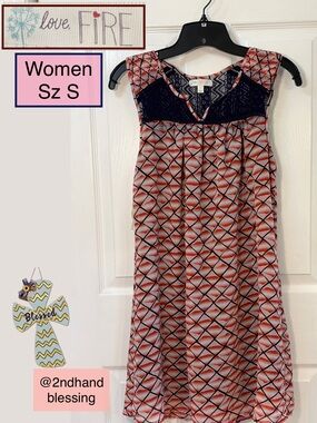 Love, FIRE Geo Boho Dress, Women Small, Orange Blue Geo Design, Navy Lace Panel